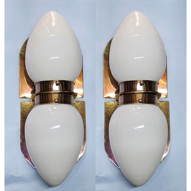 Pair of Vintage Art Deco Wall Sconces Fixture Brass & Milk Glass Shade Lamp Ship Light For Sale - Image 4 of 4