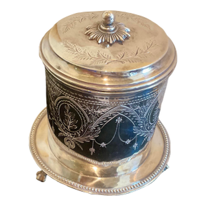 19th Century Silver Footed Biscuit Box With an Engraved Victorian Style Motif