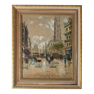 Mid-Century Antonio DeVity Paris Street Scene Oil Painting, Signed & Stamped For Sale