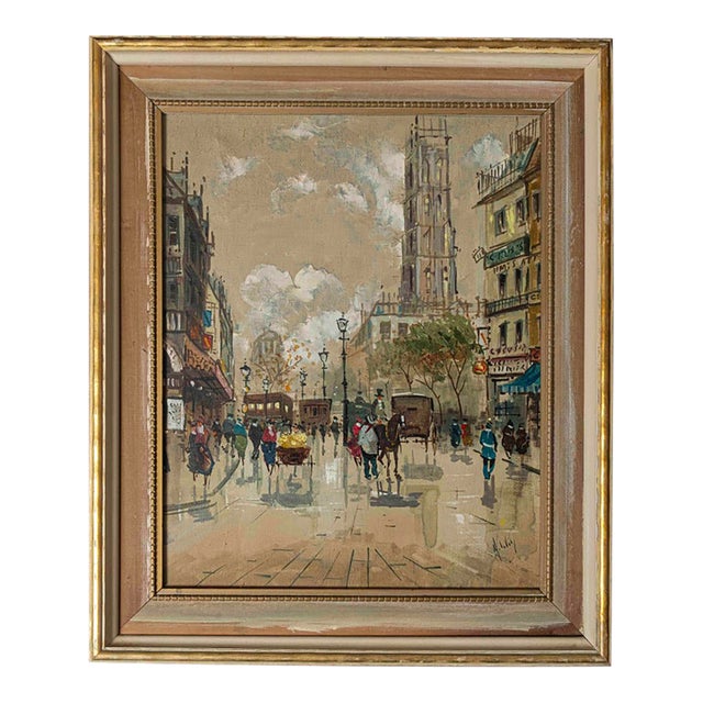 Mid-Century Antonio DeVity Paris Street Scene Oil Painting, Signed & Stamped For Sale