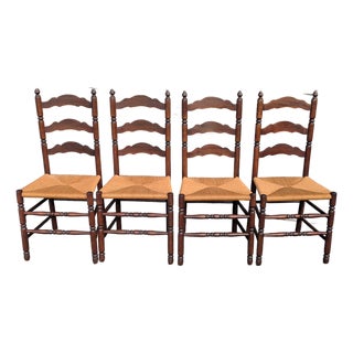 Vintage Set of Four Colonial-Style Ladderback Dining Chairs With Rush Seats | Farmhouse, Shaker, French Country Style For Sale