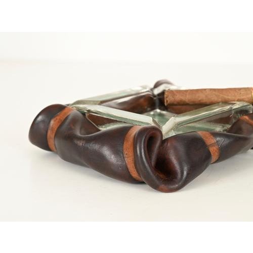 Italian Curved Leather and Crystal Glass Ashtray from Nova Tecno, 1950s For Sale - Image 9 of 14