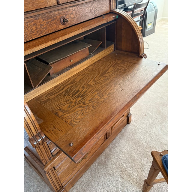 1900 - 1909 1900-1909 Tiger Oak Rolltop Secretary Cylinder Desk 82” X 36” W Glass Bookshelf For Sale - Image 5 of 12