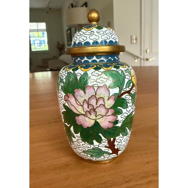 Matched Pair: Chinese Cloisonné Enamel Covered Brush Pot & Ginger Jar Vase For Sale - Image 4 of 9