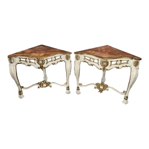 18th Century Italian Baroque Louis XV Period Carved Polychrome Gilt Console Corner Tables - A Pair