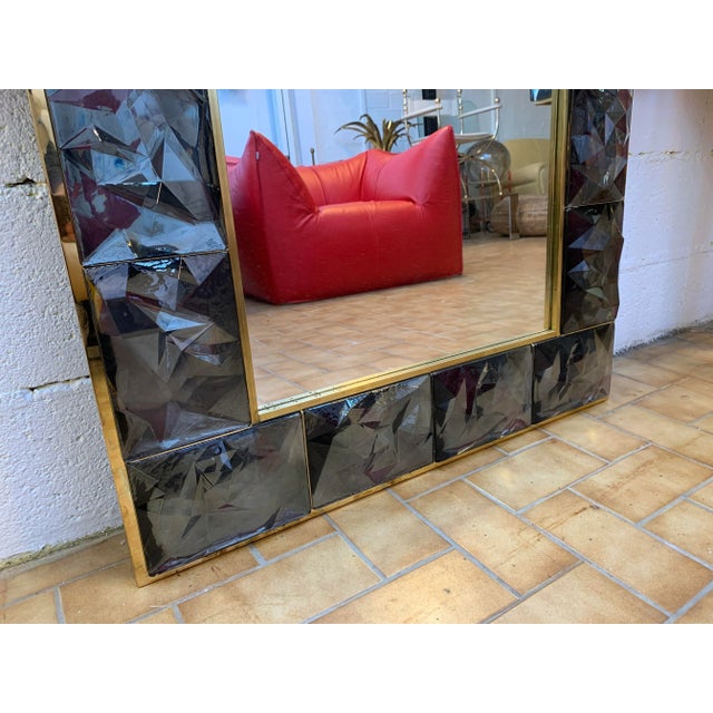 Metal Contemporary Brass Mirror with Gray Murano Glass, Italy For Sale - Image 7 of 11