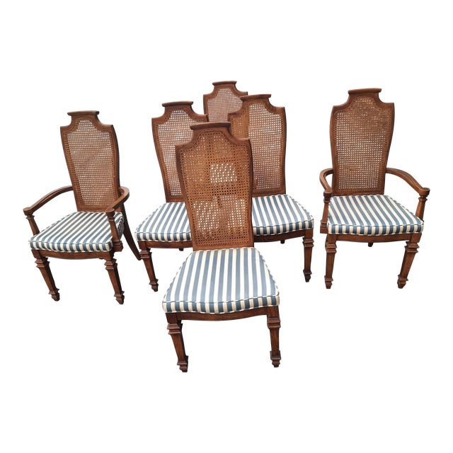 Thomasville French Country Walnut Cane Back Upholstered Seats Dining
