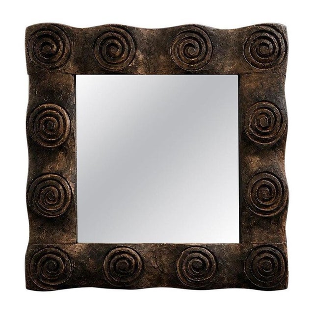 Vintage Hand-Carved Spiral Motif Wood Wall Mirror, 1970s For Sale - Image 4 of 4