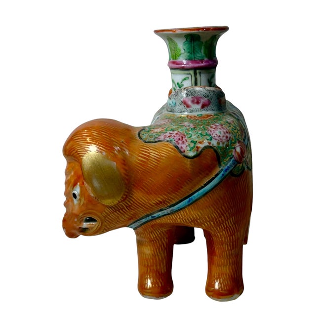 19th Century Chinese Export Rose Mandarin Porcelain Elephant Candlesticks - A Pair For Sale - Image 9 of 12