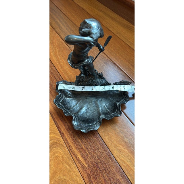American Vintage Metal Boy With Oar Shell Trinket Dish Figurine For Sale - Image 3 of 10