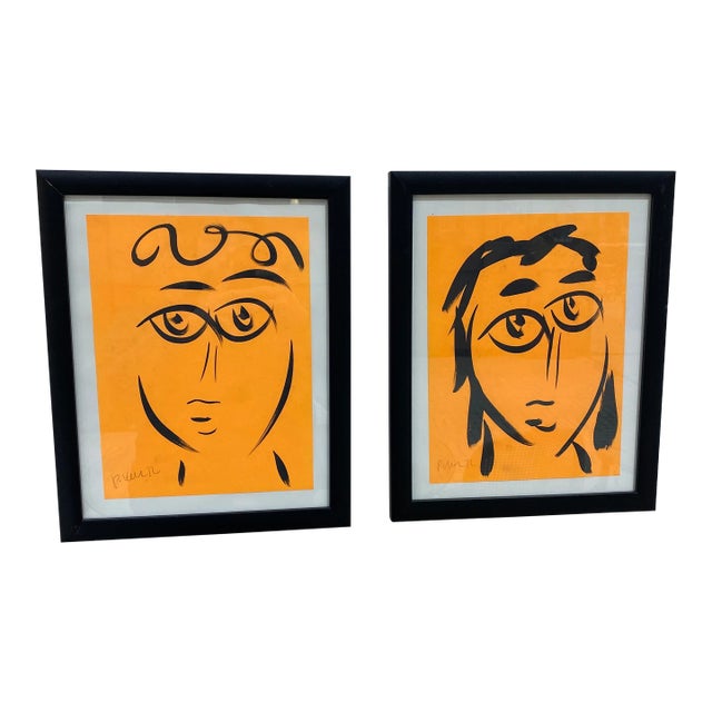 Peter Keil Original Orange Abstract Portrait Paintings - a Pair For Sale