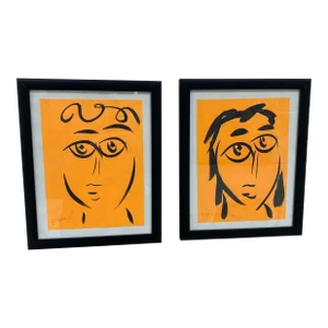 Peter Keil Original Orange Abstract Portrait Paintings - a Pair