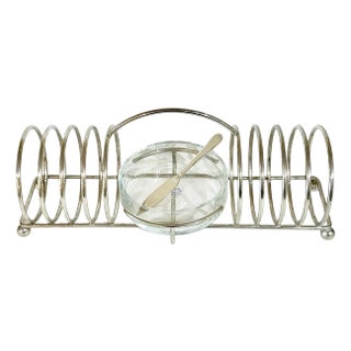 Vintage French Silver Plate Toast Rack With Glass Dish and Knife For Sale
