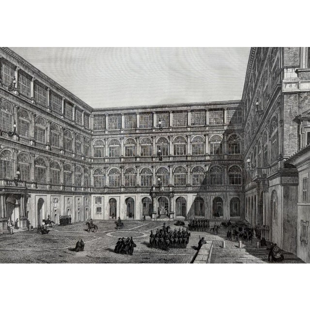 19th Century Engraving of the Court of San Damaso in Vatican City For Sale - Image 4 of 16