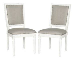 19''H French Brasserie Linen Side Chair With Silver Nailheads in Light Grey & Cream - a Pair