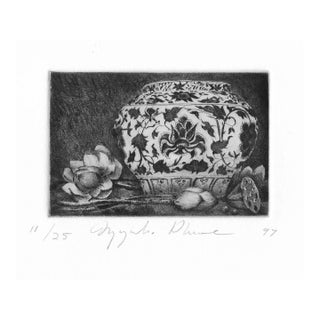 1997 Nguyễn Phuoc Blue & White Jar With Lotus Etching For Sale