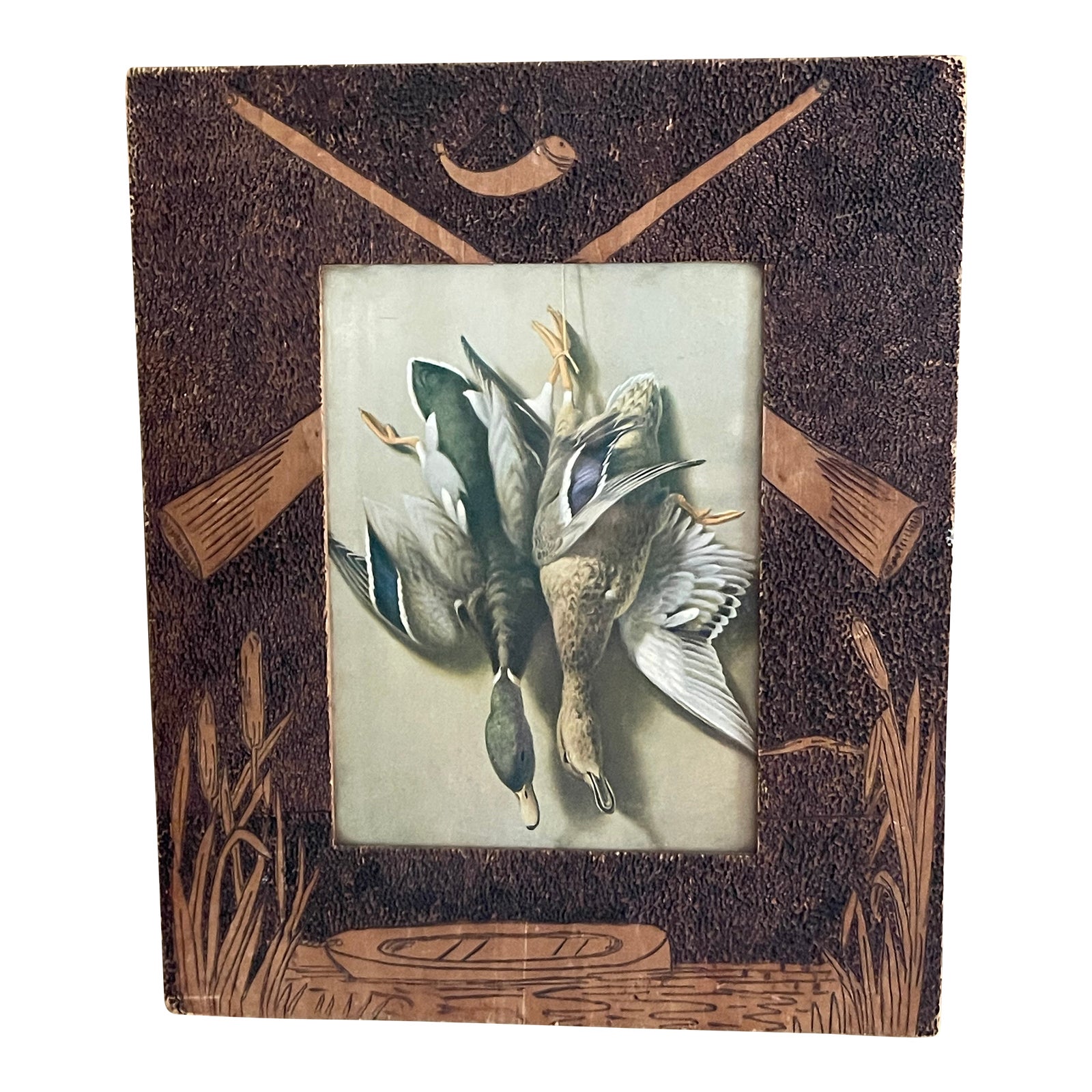 Folk Art Pyro Art Frame With Original Duck Print Marked 1908 | Chairish