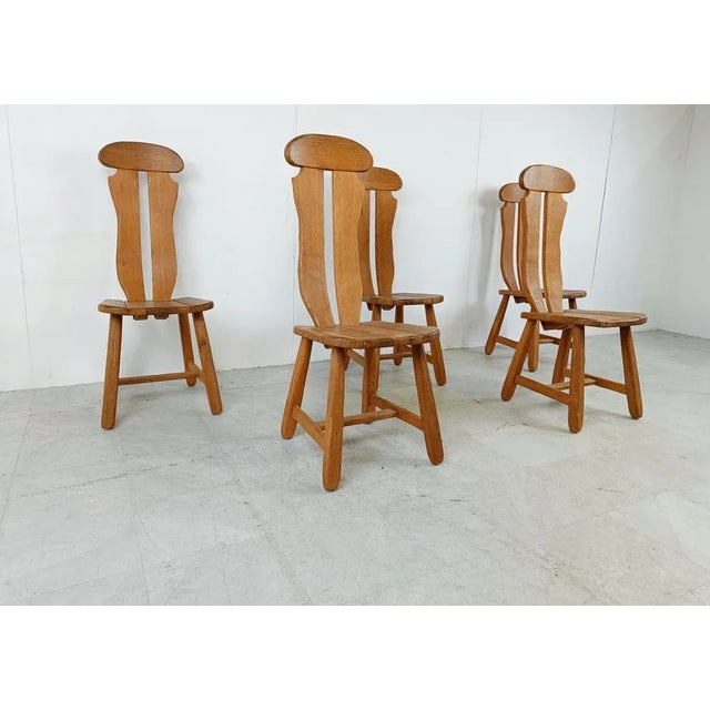 Wood Brutalist Dining Chairs attributed to Depuydt, 1960s, Set of 5 For Sale - Image 7 of 10