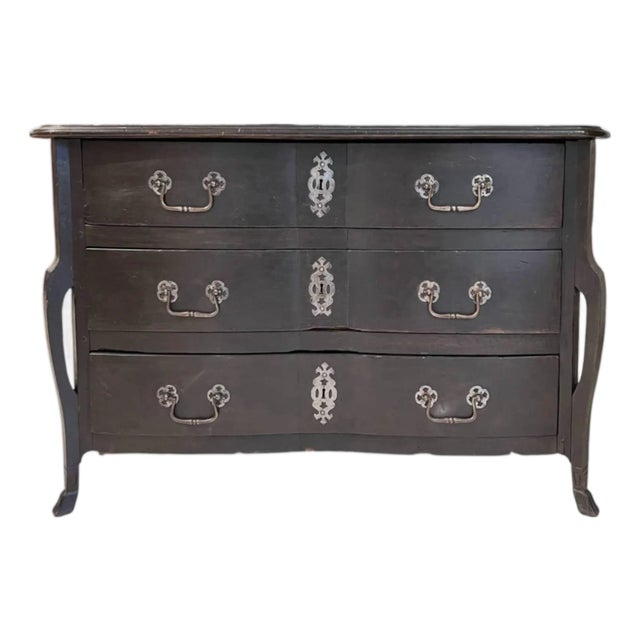 18th Century French Black Antique Chest W/Hoof Feet and Silver Hardware For Sale