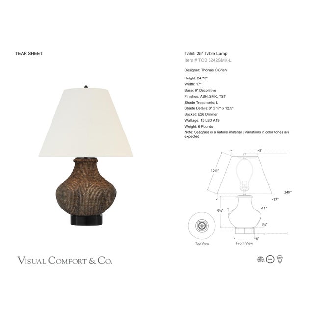 Thomas O'Brien by Visual Comfort Signature Tahiti 25" Table Lamp in Smoke with Linen Shade Designer: Thomas O'Brien...