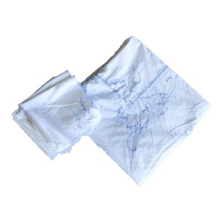 Vintage White and Blue Cutwork Embroidered Tablecloth and Napkins For Sale