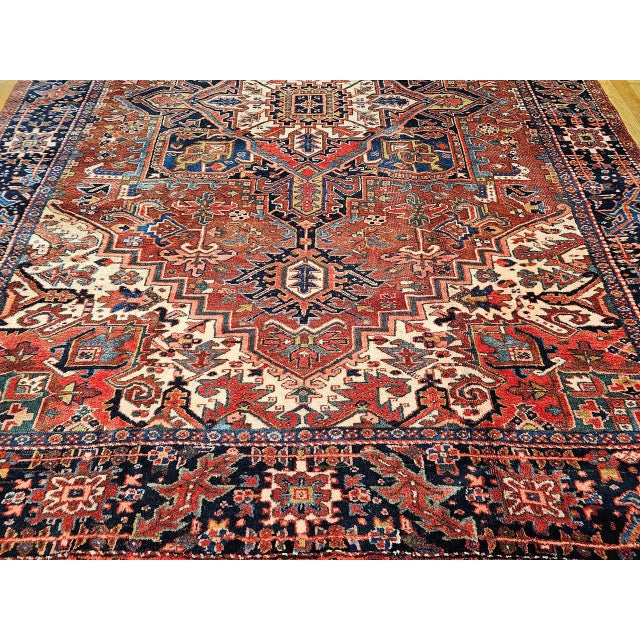 1900 - 1909 Antique Persian Heriz Karajeh Rug, Hand-Knotted Wool, Geometric Design, Brick & Navy, 9x12 For Sale - Image 5 of 10