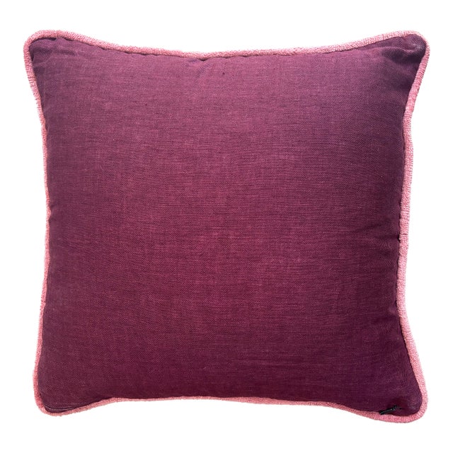 Contemporary Linen Pillow in Eggplant Purple With Pink Trim For Sale