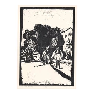 1968 Steven Trefonides Evzone and Family Woodcut For Sale