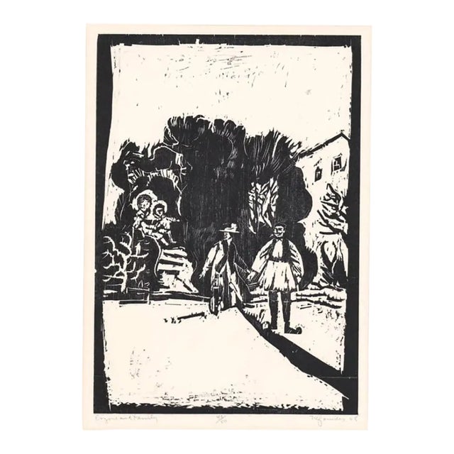 1968 Steven Trefonides Evzone and Family Woodcut For Sale