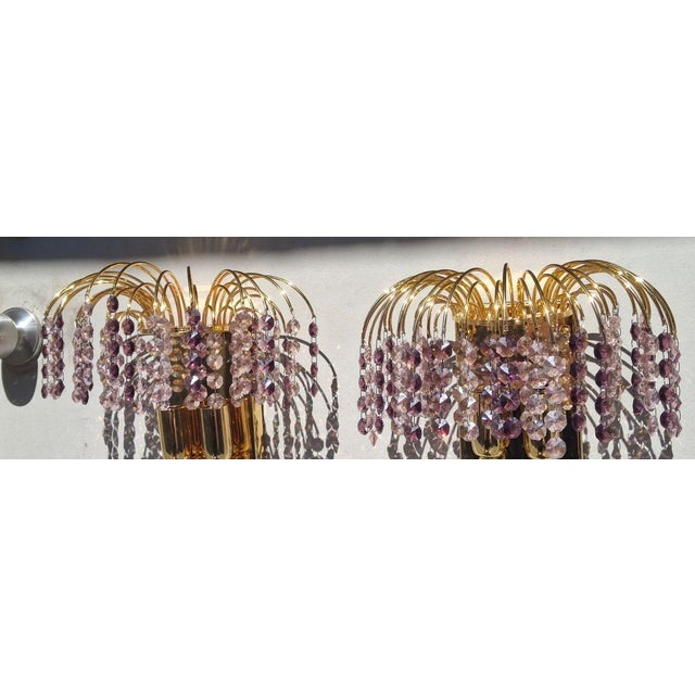 1970's Vintage Hollywood Regency Gold Plate With Austrian Amethyst Cut Crystal Waterfall Sconces by Palwa a - Pair For Sale - Image 18 of 18