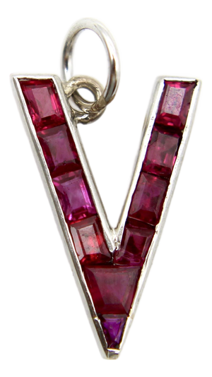 1940s Retro Platinum World War II v for Victory Ruby Pendant Charm