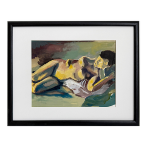 Vintage Original Abstract Female Nude in Recline, Paint on Paper, Framed