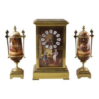 Antique 19c French Enamel Mantel Clock Set W Bronze Mounted Garnitures by H. Desprez For Sale