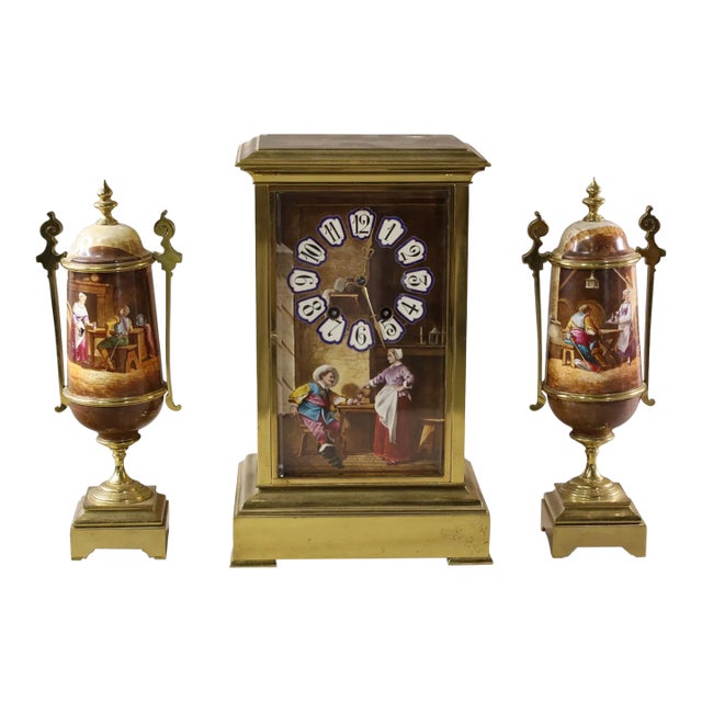 Antique 19c French Enamel Mantel Clock Set W Bronze Mounted Garnitures by H. Desprez For Sale