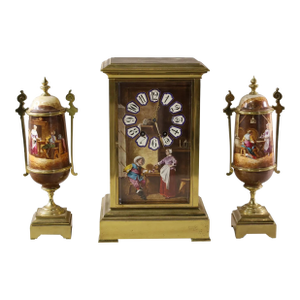 Antique 19c French Enamel Mantel Clock Set W Bronze Mounted Garnitures by H. Desprez