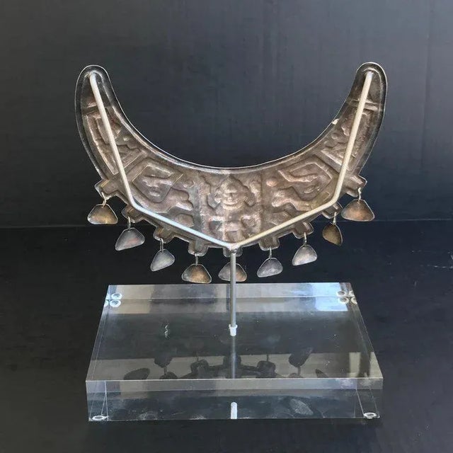 Museum mounted grand tour Inca or Sipan silver necklace, a 20th century copy of an original neckpiece worn by an "Oficia"l...