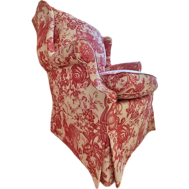 Custom Wingback Chair in Red Raspberry and Cream in Heritage Toile by Brunschwig & Fils For Sale - Image 11 of 17