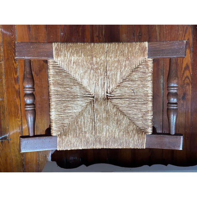 Early 20th Century Curved Woven Rush Seat Primitive Wood Bench For Sale - Image 4 of 8