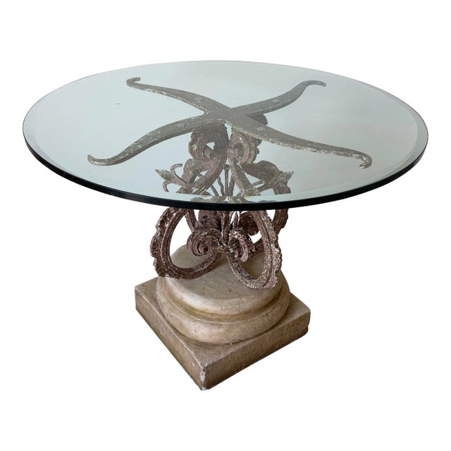 Vintage Wrought Iron & Concrete Pedestal Outdoor Dining Table With Glass Top For Sale