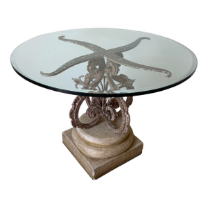 Vintage Wrought Iron & Concrete Pedestal Outdoor Dining Table With Glass Top