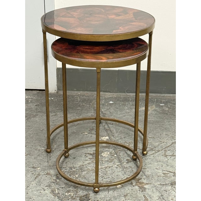 Design Plus Gallery presents a Vintage Pair of Penn Shell Mosaic Top Nesting Tables. This coordinating set is designed...