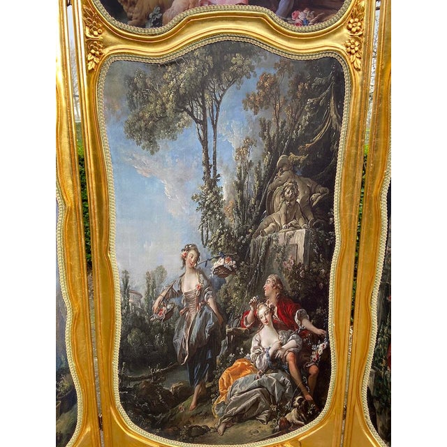 French 20thC French Louis XVI Gold Beech Scenic Room Divider Screen - 3 Panels For Sale - Image 3 of 18