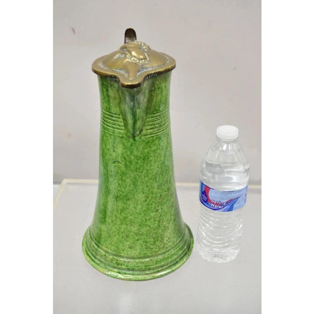 Antique Gothic Renaissance Green Ceramic Pitcher With Brass Soldier Armor Lid For Sale - Image 10 of 11