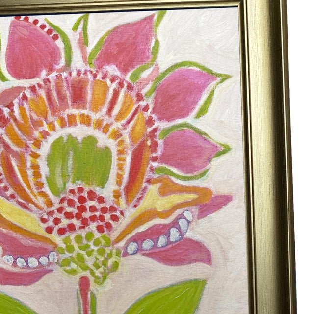 Chinoiserie Original Botanical Flower Painting in Brushed Gold Frame, Oil on Canvas, 14" X 14" by Tatiana Duperault For Sale - Image 3 of 4