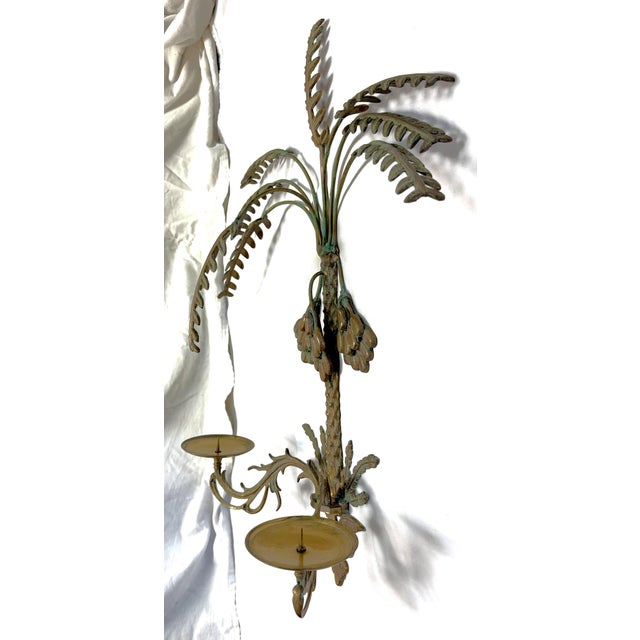 Metal Vintage Hollywood Regency Palm Tree With Hanging Date Clusters Double Candle Wall Sconce For Sale - Image 7 of 17