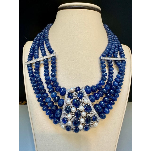 2010s 700Ct Sapphire Bead Necklace with cabochon & Diamond Center & Diamond Spacer 18K For Sale - Image 5 of 18