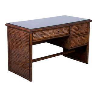 Mid Century Modern French Bamboo and Cane Writing Desk W/ Glass Top For Sale