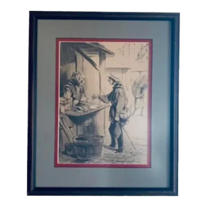 1800 S Honore Daumier "C'est Presque Toujours a La Halle (Le Peche)..." - Fish Market , Framed Antique Original Litograph Print
