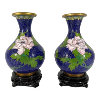 1980's Blue Cloisonné Vases With Pink Peonies and Cherry Blossoms , a Pair, Boxed With Carved Wood Stands For Sale