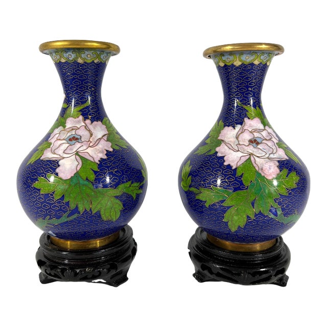 1980's Blue Cloisonné Vases With Pink Peonies and Cherry Blossoms , a Pair, Boxed With Carved Wood Stands For Sale